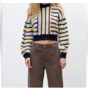 Zara Cropped Pastel Fuzzy Striped Sweater Women’s Size S